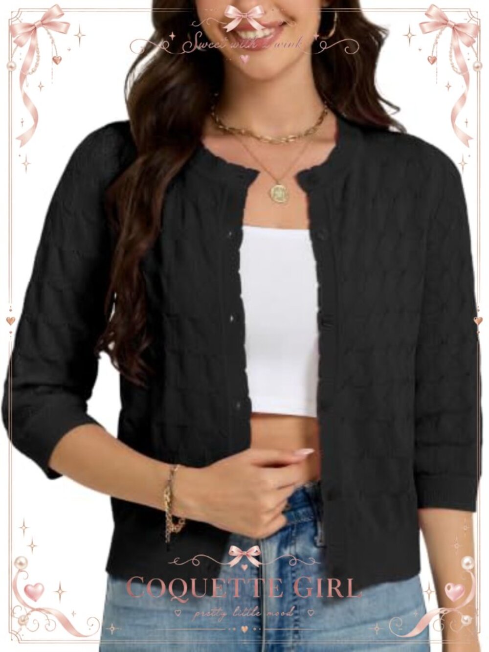 Crochet Knit 3/4 Sleeve Button Down Cropped Cardigan Shrug Sweater